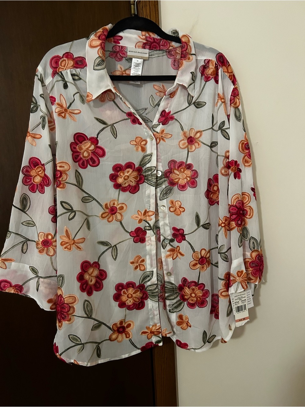 Alfred Dunner Embroidered White Button-Front Blouse - Pink & Orange Flowers